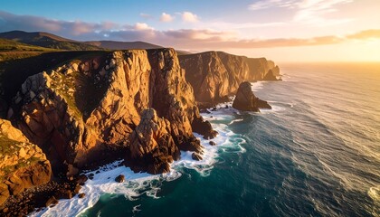 Cliff coast bathed in sunset hues above calm sea!!