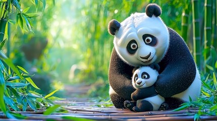 Panda family bonding moment in lush bamboo grove wildlife photography scenic nature environment heartwarming viewpoint