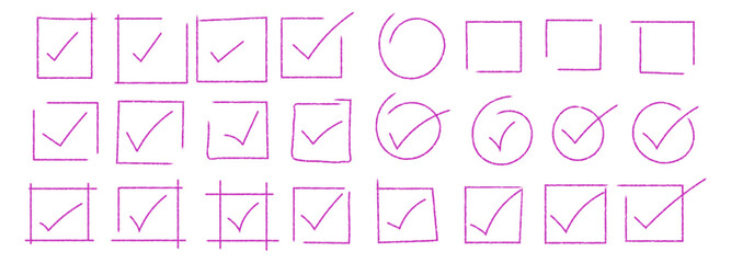 Hand-Drawn Pink Checkboxes and Check Marks – Doodle Style Tick Boxes and Symbols on White Background
