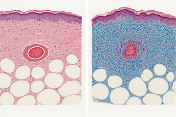 Microscopic view of human skin tissue samples, one stained pink, the other blue and pink, showing epidermis, dermis, and subcutaneous fat.