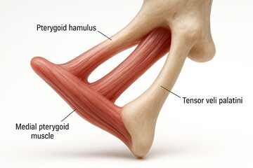 Anatomical illustration of the medial pterygoid muscle and tensor veli palatini