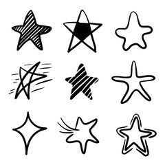 Obraz premium Star hand drawn set. Black vector star illustration drawn in doodle style on a white background