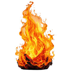 Fiery flames erupt from burning wood, intense orange and yellow glow against black