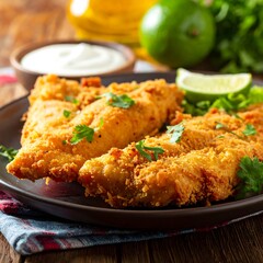 Delicious Fried Fish Fillets with Lime and Tartar Sauce.