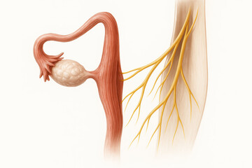 Medical illustration of female reproductive system with ovary and uterus connected to nerves