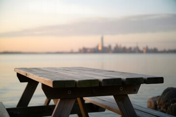 Wooden picnic table with a blurred city skyline and tranquil water at sunset offering a serene outdoor dining or relaxation spot