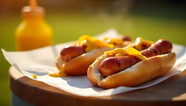 Australian Sausage Sizzle grilled sausages isolated in bread on white paper, mustard and onions featured