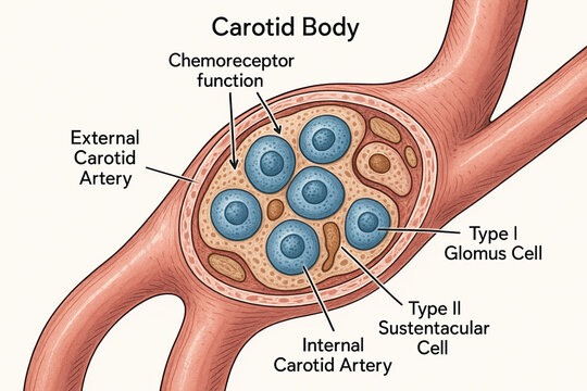 Anatomical illustration of the Carotid Body, highlighting chemoreceptor function and its cellular components, including Type I Glomus Cells and Type II Sustentacular Cells, adjacent to the Internal an