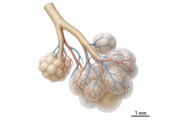 Microscopic view of alveoli and capillary network in the lungs, highlighting gas exchange.