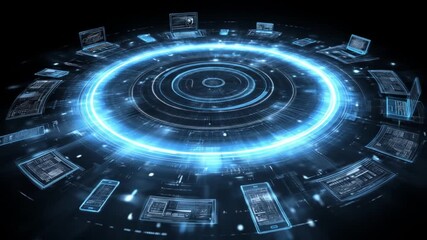 Futuristic glowing blue digital network interface connecting electronic devices, symbolizing global data exchange, communication, and advanced technology. - Powered by Adobe