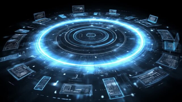 Futuristic glowing blue digital network interface connecting electronic devices, symbolizing global data exchange, communication, and advanced technology. - Powered by Adobe