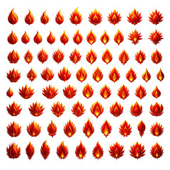 Collection of various fiery flame icons in different sizes and shapes