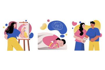 Self Healing Concept with Woman Painting Dreamy Scenes Sleeping and Embracing Partner in Blue Yellow and Pink Tones on Transparent Background