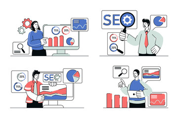 Seo Analytics Concepts on Transparent Background with Male and Female Figures Analyzing Data Red and Blue Bar Charts and Magnifying Glass Graphics
