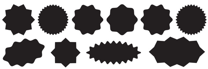 Circle sticker set. Wavy edge promo red badges. Star burst shape tags for price. Blank sale stickers. Simple silhouette. Flat vintage labels. Graphic illustration.