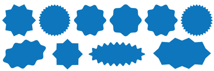 Circle sticker set. Wavy edge promo red badges. Star burst shape tags for price. Blank sale stickers. Simple silhouette. Flat vintage labels. Graphic illustration.