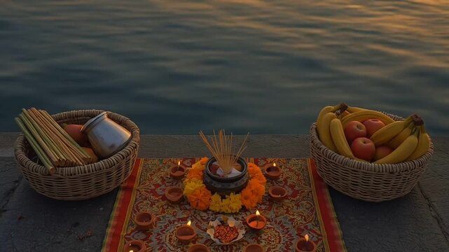 Chhath puja Fruits in soop (Bambbo basket). Happy Chath puja.
