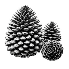 Black & white close-up of three pine cones, intricate detail