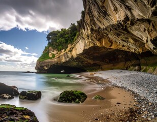Coastal sea cave with smooth, flowing water