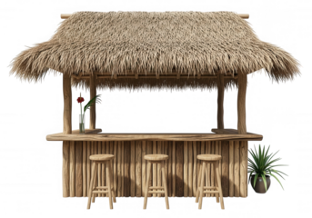 Tropical bar hut with stools isolated on a transparent background