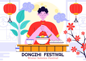 Dongzhi Festival Translation. Winter Solstice Festival Illustration Featuring Traditional Chinese Foods Tangyuan and Jiaozi in a Cultural Background