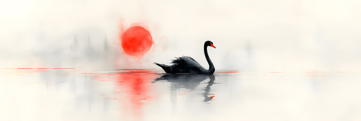 Poetic watercolor of a black swan gliding alone across a foggy lake, monochromatic with hints of crimson