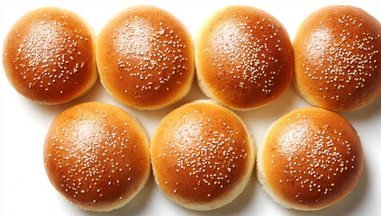 Seven golden brown burger buns with sesame seeds isolated on white background