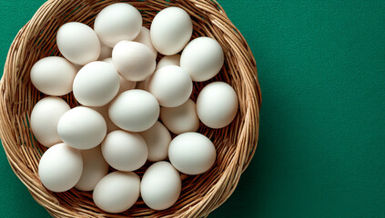 A basket of white eggs on a green background
