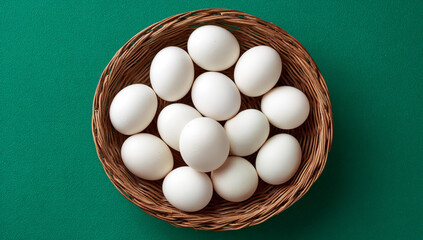 A basket of white eggs on a green background, top view