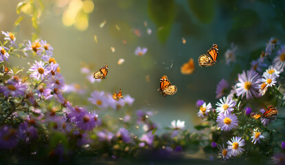 Butterflies flying among purple and white flowers in a sunlit garden
