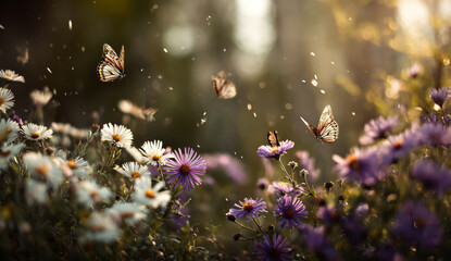 Butterflies flying over blooming flowers in a sunlit meadow
