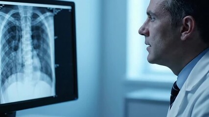 Doctor Reviewing Chest X Ray on Computer Screen in Blue Toned Room Examining Diagnosis with White Coat and Dark Hair