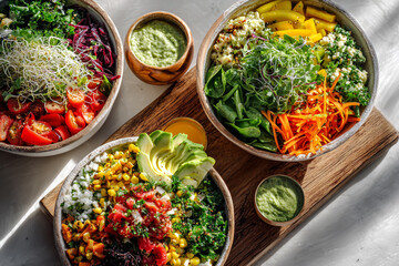 Healthy buddha bowls with fresh vegetables and avocado
