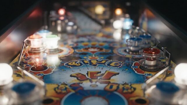 Dynamic shot of a vintage pinball machine playfield as a silver ball moves through flashing lights and colorful bumpers