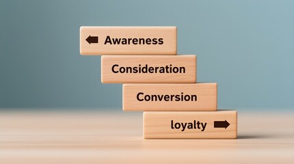 Digital marketing sales funnel concept. Wooden blocks with a