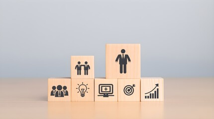 Business strategy concept. Wooden blocks with icons representing