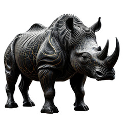 Fototapeta premium Detailed, ornate black rhinoceros statue with golden accents and a black background