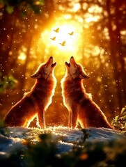 Courageous wolves howling at sunset enchanted forest wildlife photography mystical atmosphere side view nature's symphony