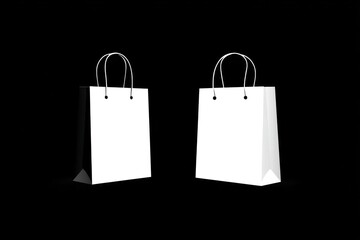 Two clean white paper shopping bags with silver handles stand against a stark black background