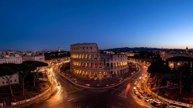 Colosseum at Dusk - Romes Ancient Amphitheater Illuminated by City Lights and Streaks of Traffic.