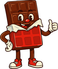Cartoon chocolate bar character giving a thumbs up with a happy expression on its face