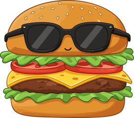 Cartoon burger with sunglasses posing with a smile on a black isolated background
