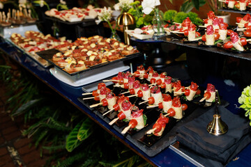 Skewered Appetizers with Salami, Tortilla Roll and Cherry Tomatoes on Catering Display Trays