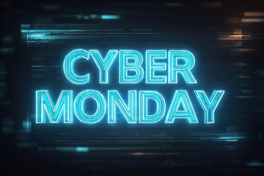 Bright cyan neon cyber monday text glowing against a dark background with digital glitch effects