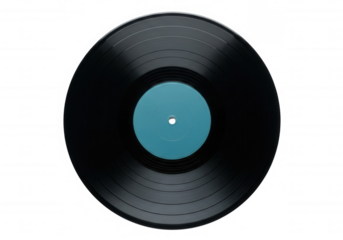 Black vinyl record with cyan label isolated on a transparent background
