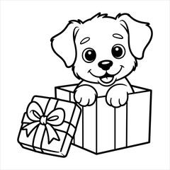 Cute Puppy Coloring Page, Happy Dog in Gift Box Illustration, Kids Fun Dog Coloring Sheet
