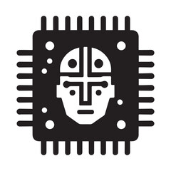 Black and white icon of aCPU chip with a stylized human face and brain graphic on a white background