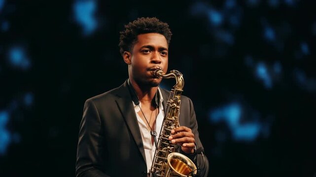 focused young man with dark curly hair plays golden saxophone He wears black suit jacket over white shirt performing on dark stage with subtle blue bokeh lights in the background