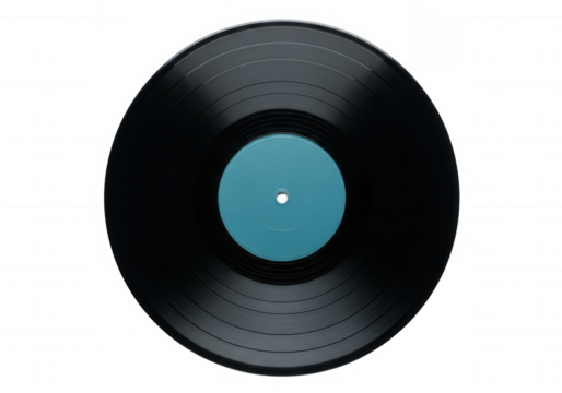 Black vinyl record with cyan label isolated on a transparent background