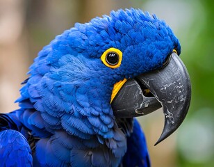 Close-up profile of a vibrant blue macaw parrot